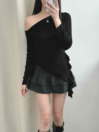 Pleated Frill Striped Skirt Pants