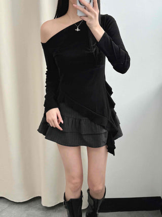 Pleated Frill Striped Skirt Pants