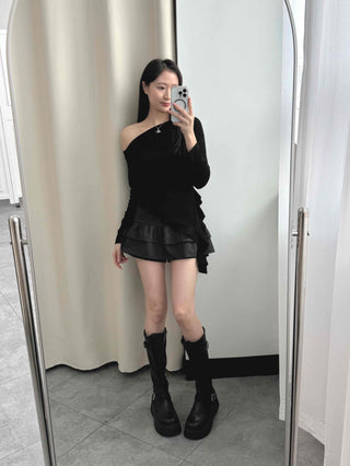 Pleated Frill Striped Skirt Pants