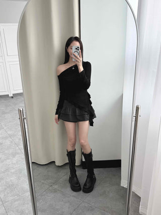 Pleated Frill Striped Skirt Pants