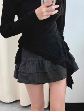 Pleated Frill Striped Skirt Pants