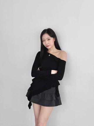 Pleated Frill Striped Skirt Pants