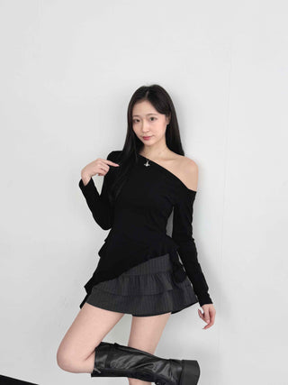 Pleated Frill Striped Skirt Pants
