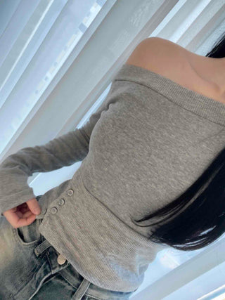 Asymmetrical Off-Shoulder Side Button Slit Cropped Long Sleeve T-shirt