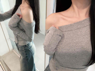 Asymmetrical Off-Shoulder Side Button Slit Cropped Long Sleeve T-shirt