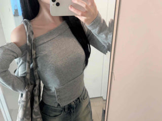 Asymmetrical Off-Shoulder Side Button Slit Cropped Long Sleeve T-shirt