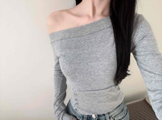 Asymmetrical Off-Shoulder Side Button Slit Cropped Long Sleeve T-shirt