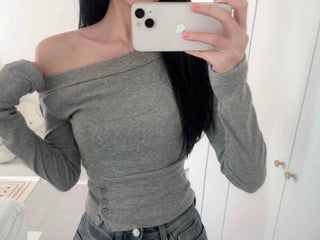 Asymmetrical Off-Shoulder Side Button Slit Cropped Long Sleeve T-shirt