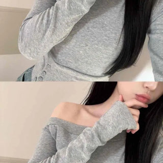 Asymmetrical Off-Shoulder Side Button Slit Cropped Long Sleeve T-shirt