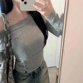 Asymmetrical Off-Shoulder Side Button Slit Cropped Long Sleeve T-shirt