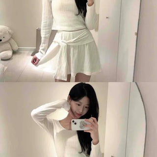 Soft Vertical Ribbed Crop Knit Flare Skirt Two-Piece