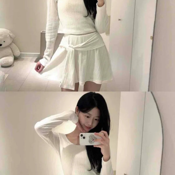 Soft Vertical Ribbed Crop Knit Flare Skirt Two-Piece