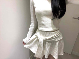 Soft Vertical Ribbed Crop Knit Flare Skirt Two-Piece