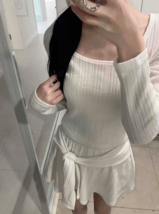 Soft Vertical Ribbed Crop Knit Flare Skirt Two-Piece