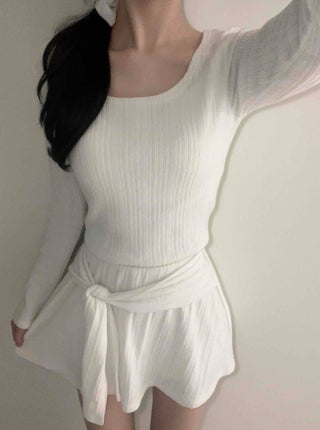 Soft Vertical Ribbed Crop Knit Flare Skirt Two-Piece