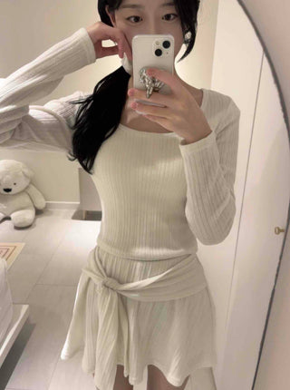 Soft Vertical Ribbed Crop Knit Flare Skirt Two-Piece