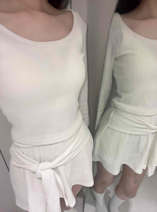 Soft Vertical Ribbed Crop Knit Flare Skirt Two-Piece