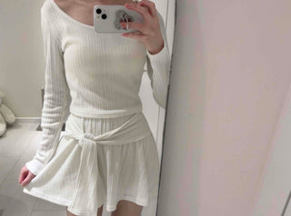 Soft Vertical Ribbed Crop Knit Flare Skirt Two-Piece