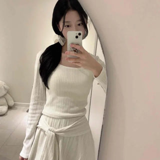 Soft Vertical Ribbed Crop Knit Flare Skirt Two-Piece