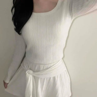 Soft Vertical Ribbed Crop Knit Flare Skirt Two-Piece