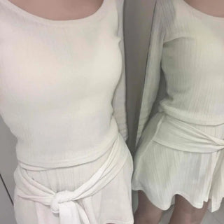 Soft Vertical Ribbed Crop Knit Flare Skirt Two-Piece
