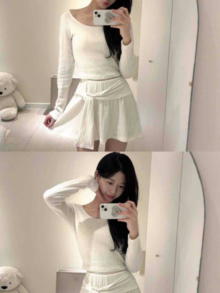 Soft Vertical Ribbed Crop Knit Flare Skirt Two-Piece