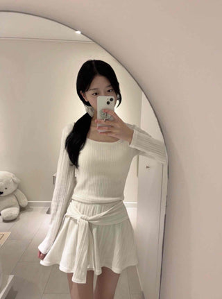 Soft Vertical Ribbed Crop Knit Flare Skirt Two-Piece