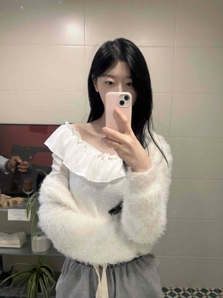 Romantic Frill Line Off-Shoulder Long Sleeve T-Shirt