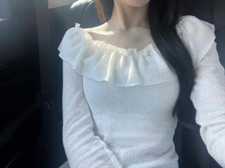 Romantic Frill Line Off-Shoulder Long Sleeve T-Shirt