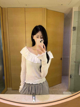 Romantic Frill Line Off-Shoulder Long Sleeve T-Shirt
