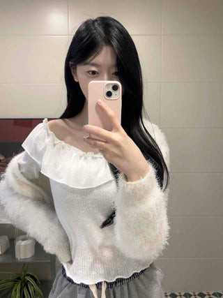 Romantic Frill Line Off-Shoulder Long Sleeve T-Shirt