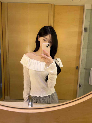 Romantic Frill Line Off-Shoulder Long Sleeve T-Shirt