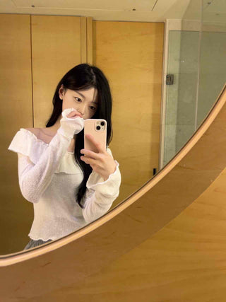 Romantic Frill Line Off-Shoulder Long Sleeve T-Shirt