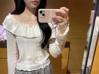 Romantic Frill Line Off-Shoulder Long Sleeve T-Shirt