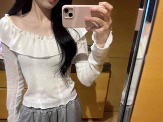 Romantic Frill Line Off-Shoulder Long Sleeve T-Shirt