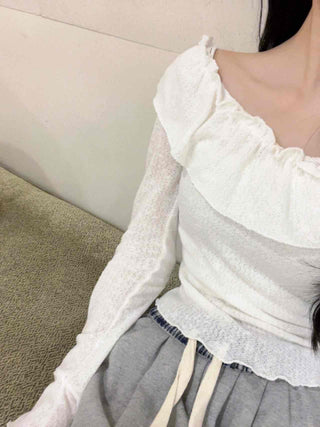 Romantic Frill Line Off-Shoulder Long Sleeve T-Shirt