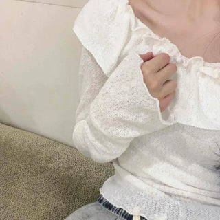 Romantic Frill Line Off-Shoulder Long Sleeve T-Shirt