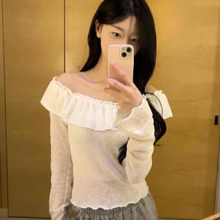 Romantic Frill Line Off-Shoulder Long Sleeve T-Shirt