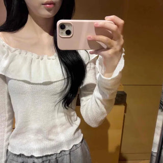 Romantic Frill Line Off-Shoulder Long Sleeve T-Shirt
