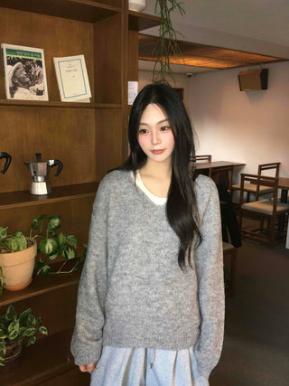 Soft V-neck Soft Loose Fit Long Sleeve Sleeveless Layered Knit