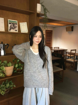 Soft V-neck Soft Loose Fit Long Sleeve Sleeveless Layered Knit