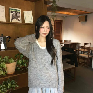 Soft V-neck Soft Loose Fit Long Sleeve Sleeveless Layered Knit