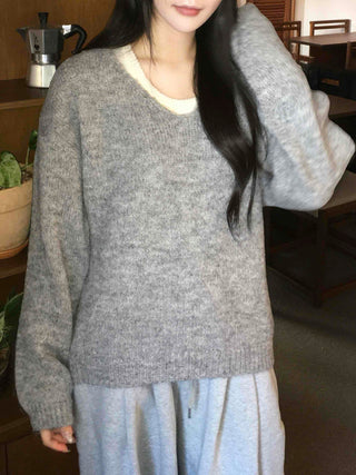 Soft V-neck Soft Loose Fit Long Sleeve Sleeveless Layered Knit