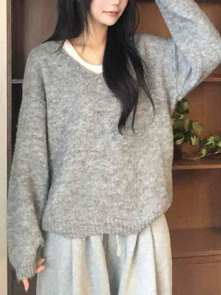 Soft V-neck Soft Loose Fit Long Sleeve Sleeveless Layered Knit