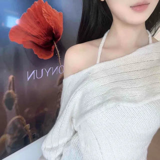 Delicate fit off-shoulder ribbon layered knit