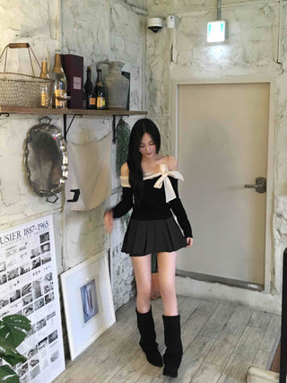 Off-shoulder Shirred Flare Elastic Mini Skirt