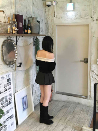 Off-shoulder Shirred Flare Elastic Mini Skirt