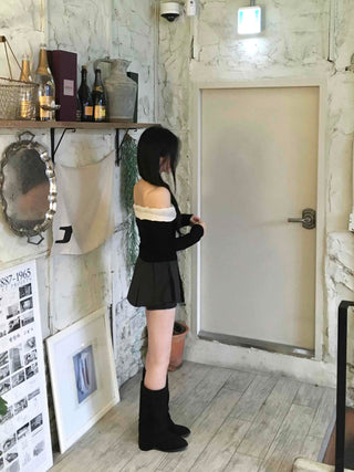 Off-shoulder Shirred Flare Elastic Mini Skirt