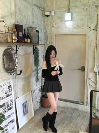 Off-shoulder Shirred Flare Elastic Mini Skirt