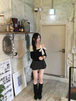 Off-shoulder Shirred Flare Elastic Mini Skirt